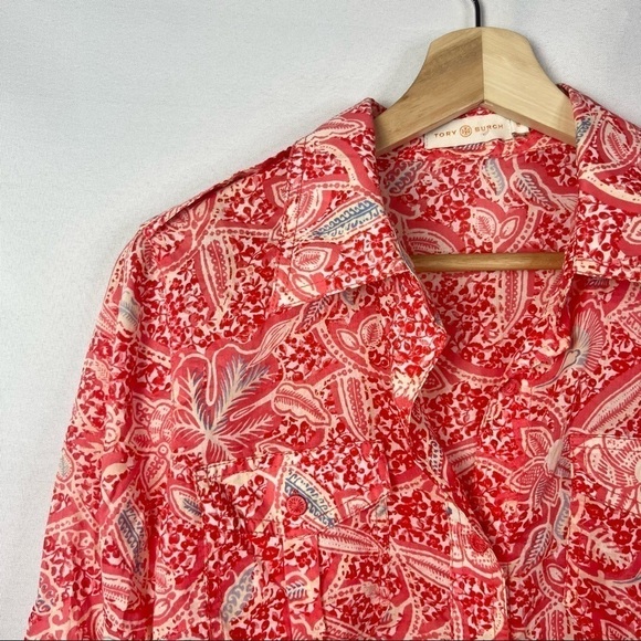 Tory Burch Pink & Blue Printed Long Sleeve Button Down 10 - Picture 3 of 4